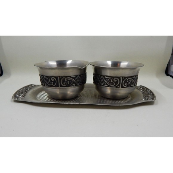 Selandia Norway Pewter Creamer Open Sugar Dish Under Tray Scrollwork Detail - Picture 14 of 14